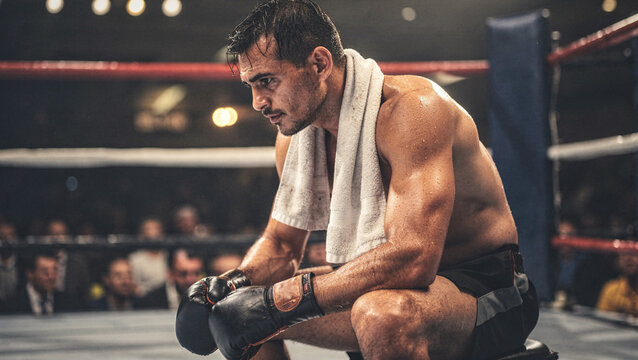 Tired professional boxer resting in the corner of a ring with gloves on and a towel around his neck during a break in a match