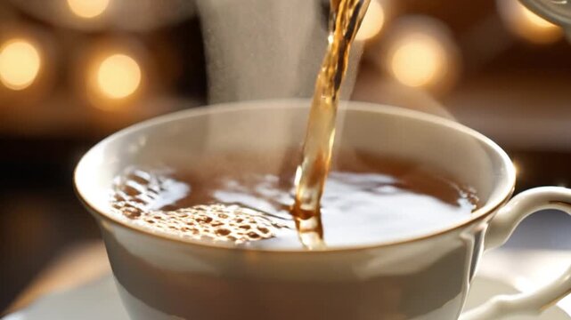 Close-up shot of hot tea being poured into a delicate teacup, creating a relaxing atmosphere with soft bokeh lights in the background