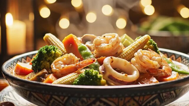 Delicious Steaming Seafood and Vegetable Stir-fry in a Decorative Bowl with Bokeh Lights.
