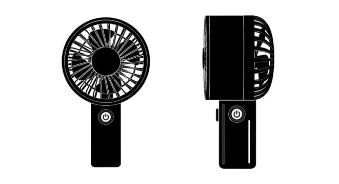 Minimal black silhouette icon, simple flat vector, bold black shape, no, no shading black silhouette of a portable handheld fan with a power button on a, flat icon style