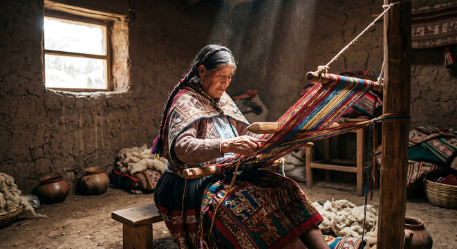 Sunlight streams through a window, illuminating a woman weaving