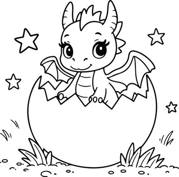 Cute baby dragon peeking out from inside a large cracked eggshell adorable magical animal character for children coloring books and elementary school art decorations
