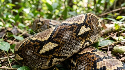 Fototapeta premium Close-up of python snake coiled on forest floor