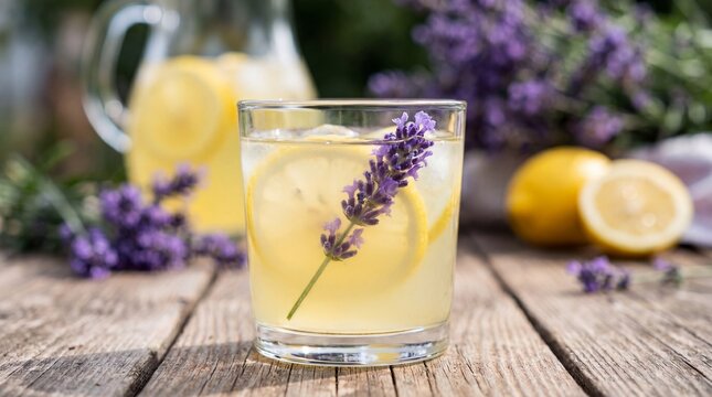 Chilled lavender lemonade with fresh slices. Perfect summer refreshment combining citrus and herbal flavors for relaxation.
