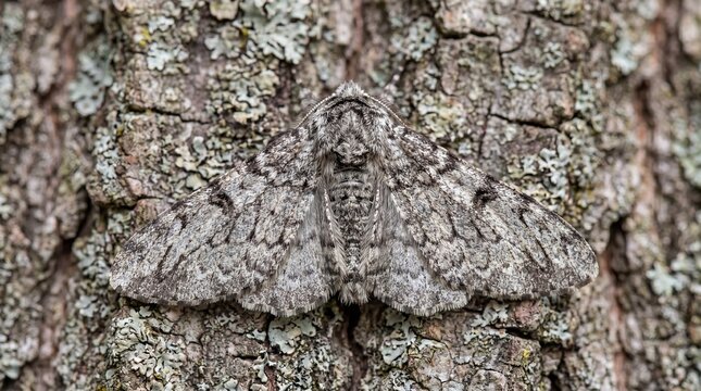Peppered moth camouflaged on tree bark, showcasing its evolutionary adaptation and the principles of natural selection.