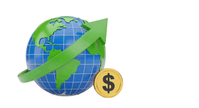 Minimal black silhouette icon, simple flat vector, bold black shape, no, no shading rendering of a globe with a green upward arrow and a dollar coin on a, flat icon style