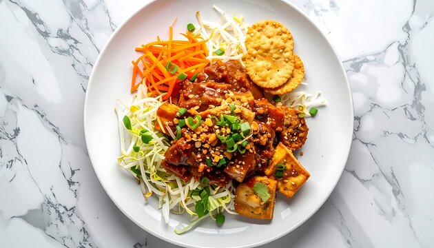Delicious Asian-inspired dish with glazed meat, crispy tofu, shredded carrots, sprouts, and crackers on a white plate, overhead view