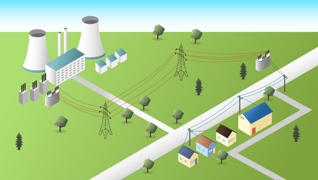 Power Plant to Residential Area Electricity Distribution System Illustration, Isometric Vector Illustration of Electrical Power Grid and Energy Supply Chain.