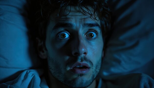 Man with wide eyes lies in bed awake at night. Face shows fear and worry in blue dim light. He cant sleep because of stress. He is alone and tired.