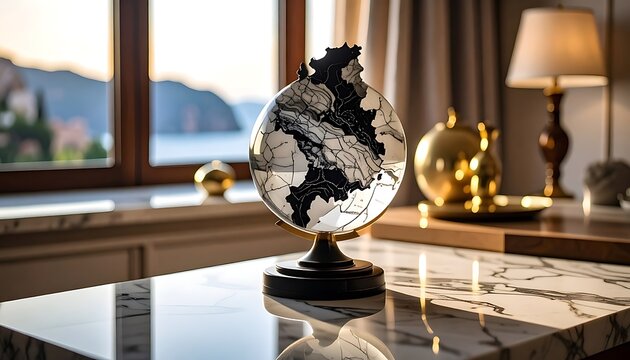 Elegant glass globe with black continents sits on a marble countertop with a scenic view of water and mountains through a window, soft interior lighting, golden accents, sophisticated decor