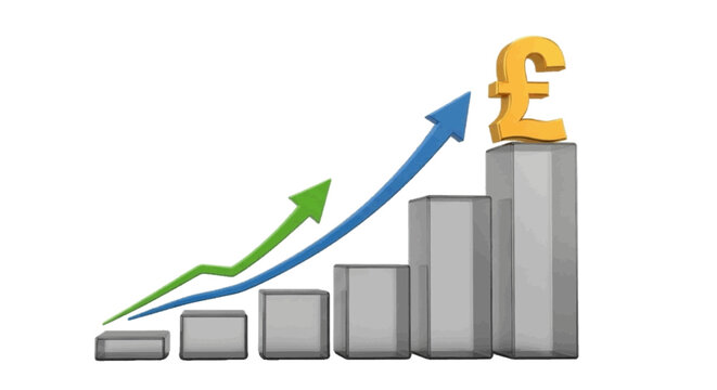 Minimal black silhouette icon, simple flat vector, bold black shape, no, no shading bar chart with rising arrows and a british pound symbol on a, flat icon style