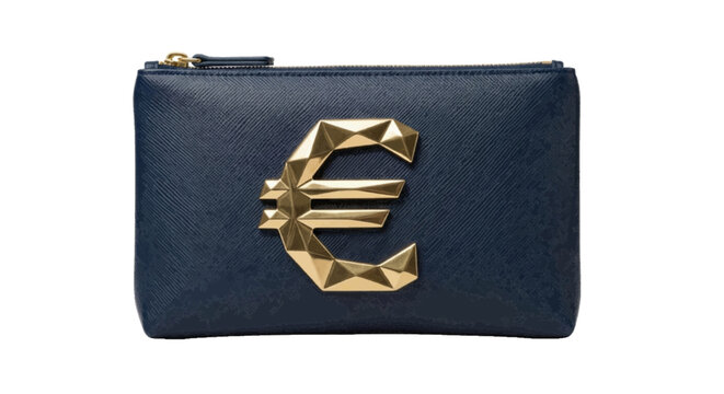 Minimal black silhouette icon, simple flat vector, bold black shape, no, no shading dark blue leather clutch bag with a gold metallic euro symbol logo on a, flat icon style