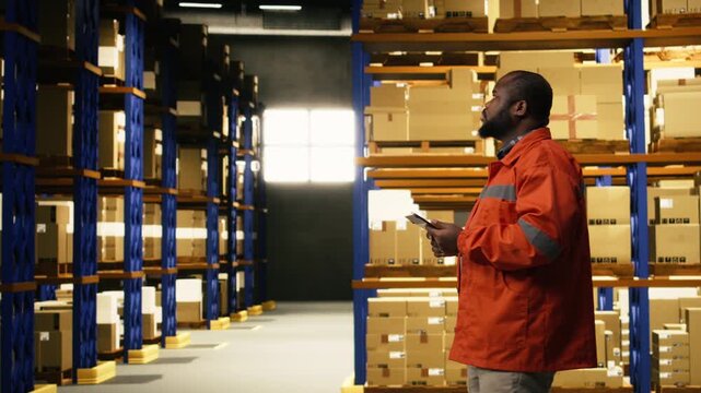 African american worker reviewing inventory data in warehouse distribution hub, using tablet for storage management. Accurate shipping, supporting e-commerce operations and supply chain.