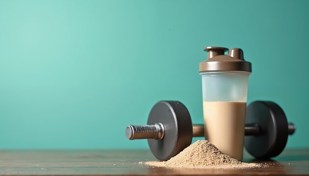 Dumbbell and protein shake on wood table. Powder sits near bottle with liquid. Fitness and sport supplements for muscle gain and energy. Healthy active lifestyle.