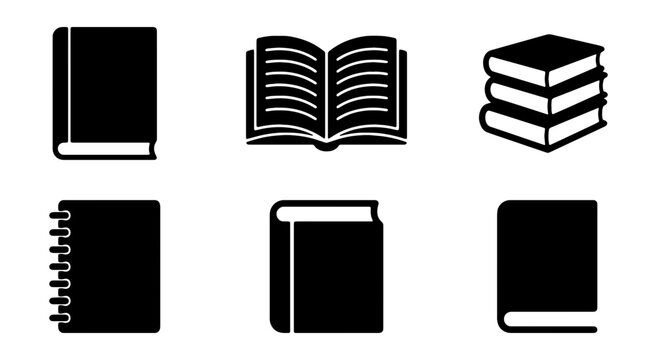 Book Icons Set, Open and Closed Volumes, Stacked Literature, Spiral Notebook, Educational Symbols