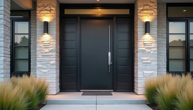 Modern black front door with horizontal panels flanked by stone columns and warm exterior lighting. Tall ornamental grasses frame the entrance to this stylish contemporary house exterior.