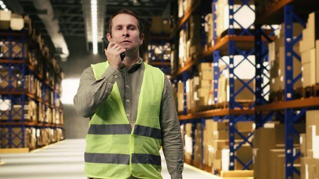 Walkie-talkie in warehouse, communication in fulfillment center, radio transmitter, worker using signal to ensure package dispatch for distribution hub infrastructure. Distribution hub.