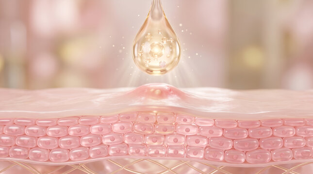 Microscopic view of skin layers with a drop of serum or cosmetic essence falling illustrating skincare and beauty treatment concepts anti aging anti acne cosmetic skincare