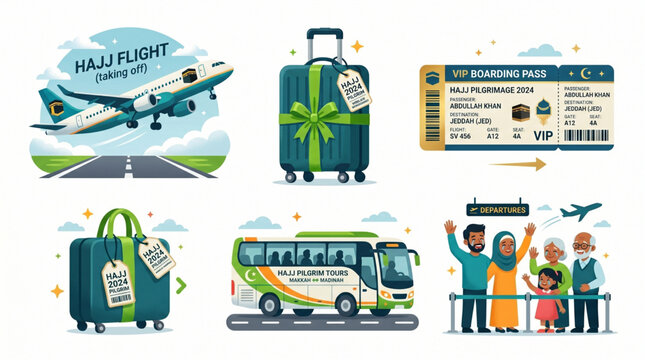 Illustrative elements for a meaningful journey airplane departure, packed suitcases, boarding passes, and group bus travel arrangements