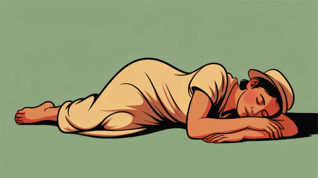 Relaxed woman sleeping on floor in side pose, minimalist pop art illustration with soft pastel green background and calm mood
