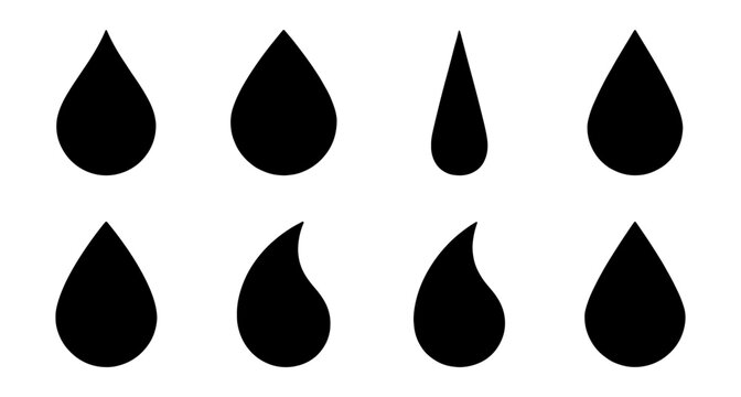 Black water drop icons, simple liquid droplet shapes, essential vector graphics for design