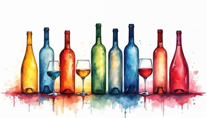 Obraz premium Watercolor bottles, glasses filled with various wine colors. Art illustration displays wine selection for tasting event home bar. Colorful beverage collection with artistic splash effect on white