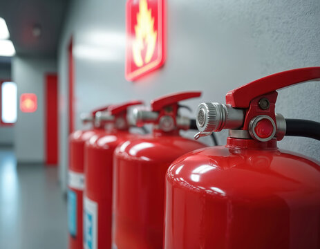 Red fire extinguishers stand in a row along a hallway. A bright red fire safety symbol with flames is visible on the wall above. Emergency exit signs glow in distance.