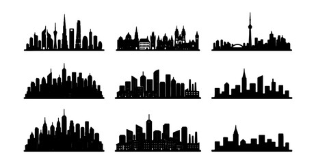 Obraz premium Modern Cityscape Silhouettes, Urban Skyline Vector Icons, Downtown Architecture Collection