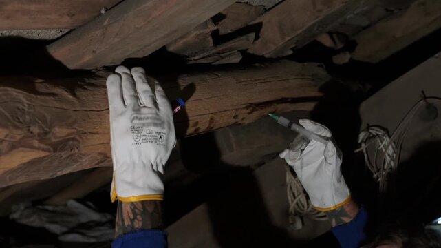 Carpenter injecting pesticide into a woodworm infested beam