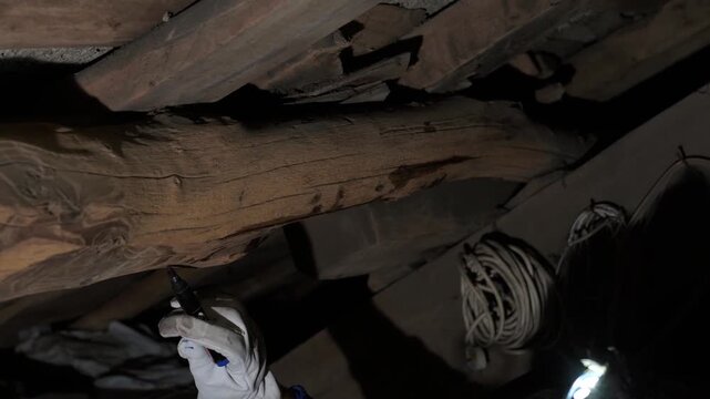 Pest control expert treating woodworm infestation in roof beams