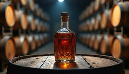 Obraz premium Clear glass bottle of amber liquor rests on rustic wooden barrel top in dark cellar. Rows of oak barrels filled with aging spirits stretch into background dimly lit by spotlight.