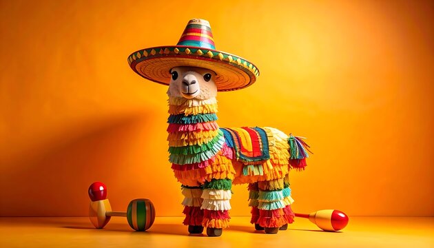 Festive llama pi?ata wearing a colorful sombrero and festive decorations, studio shot with maracas and toy, celebrating Mexican culture