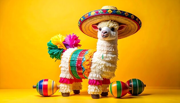 Festive llama shaped pi?ata wearing a colorful sombrero and maracas, celebrating Cinco de Mayo or a Mexican fiesta, vibrant yellow background
