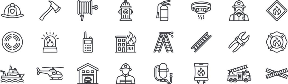 Fire Department and Firefighting Icon Set: Linear Symbols for Emergency Response, Fire Safety Equipment, and Rescue Services