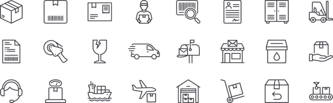 Logistics and Delivery Icon Set: Linear Symbols for Shipping, Parcel Tracking, Warehouse Management, and E-commerce Fulfillment