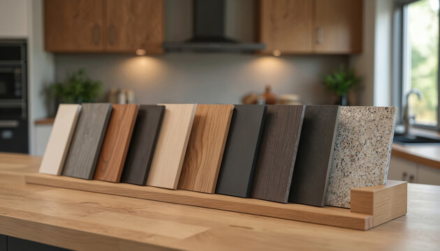 Kitchen cabinet and countertop material samples displayed on wooden surface. Various wood grains laminates and stone finishes show color and texture choices for home renovation.