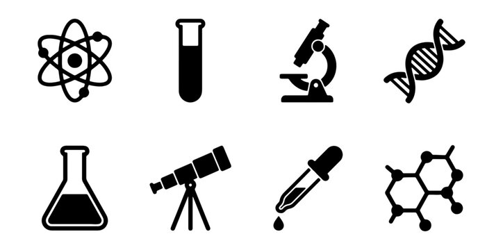 Science Icons Set: Atom, DNA, Microscope, Telescope, Lab Glassware