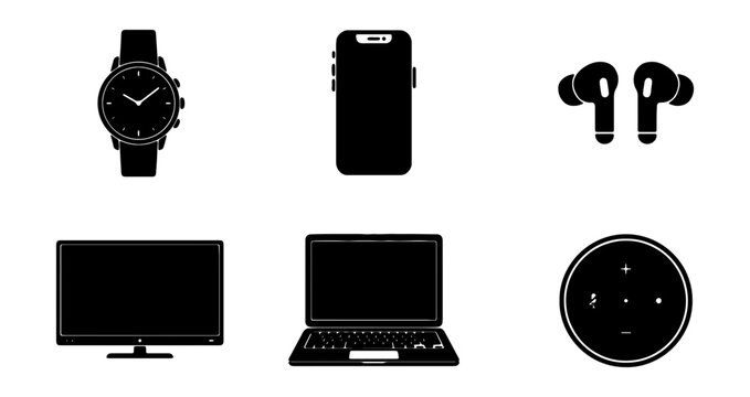 Modern Gadgets Icons: Watch, Phone, Earbuds, TV, Laptop, Smart Speaker