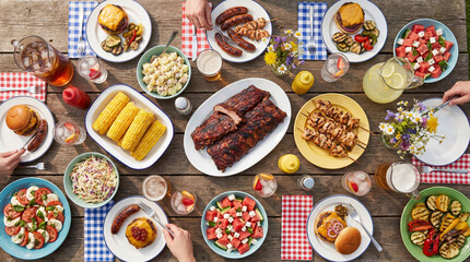 Summer barbecue feast table overhead view with grilled meat burgers salads corn drinks for outdoor party celebration lifestyle photography © Morrina