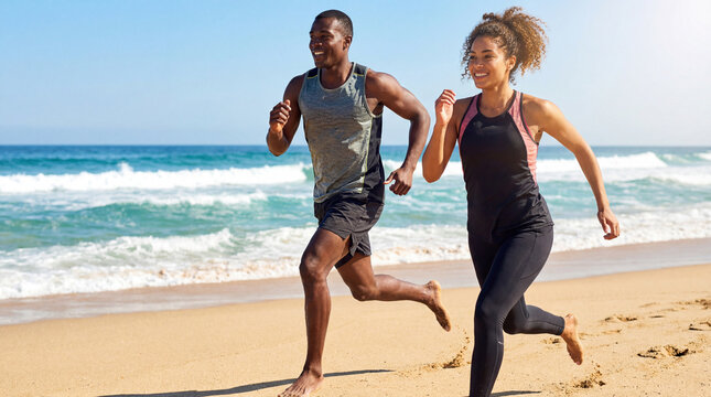 Summer beach fitness couple jogging running on sand by ocean for healthy active lifestyle wellness exercise travel content design