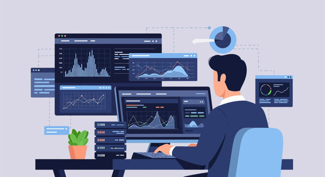 Data Engineer Professional Working with Real-time Information Architecture and Big Data Analytics on Digital Dashboard with Servers and Cloud Infrastructure Vector Illustration