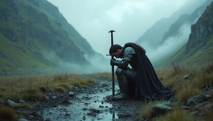 Obraz premium Lone knight in armor kneels on muddy path in misty valley. His sword is stuck in wet earth. He bows his head in quiet reflection. Mountains loom in background.
