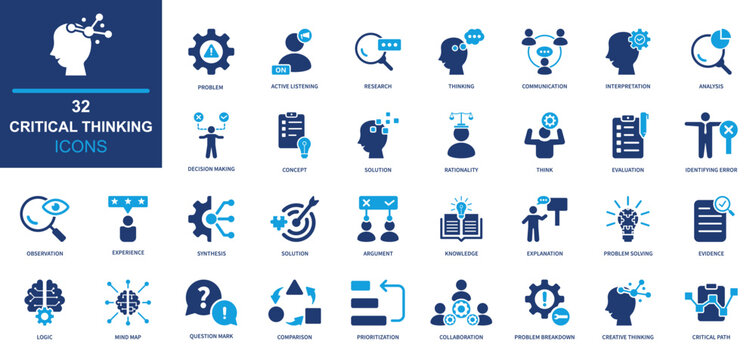 Critical thinking icon set. analysis, strategy, problem, solution, innovation. solid style icon collection.