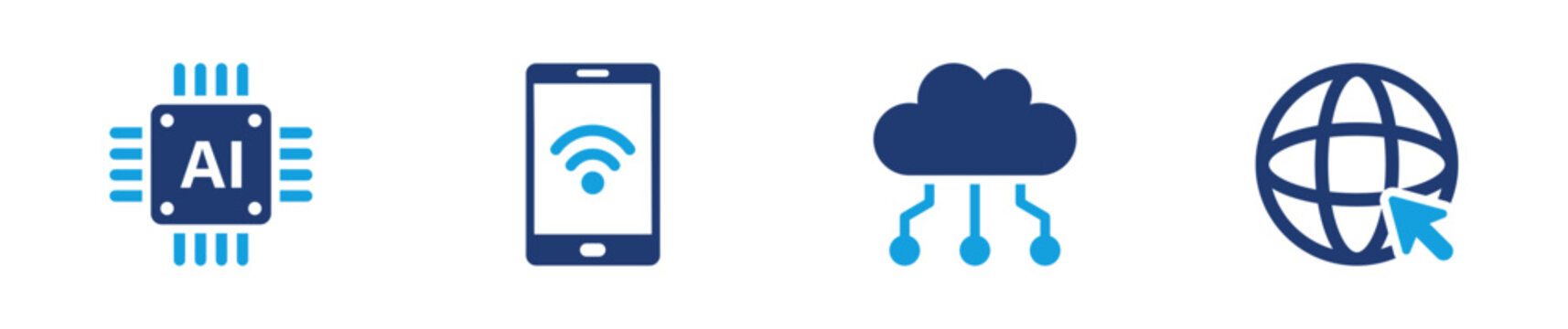 Technology icon set. artificial, wireless, cloud, internet, digital. solid style icon collection.