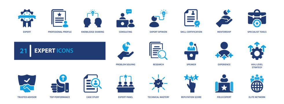 Expert icon set. professional, business, management, leadership, strategy. solid style icon collection.