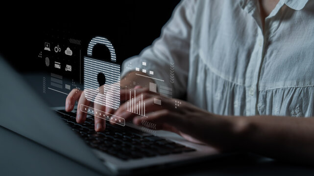 Cybersecurity protection system showing password encryption, fingerprint ID, cloud security, email, credit card, and database lock for secure data access Latch