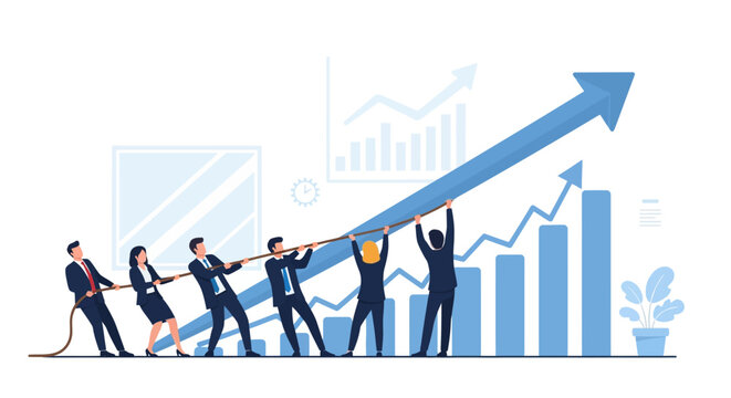 Vector illustration of a diverse team of professional men and women in business attire pulling a rope together on a white background, symbolizing cooperation, effort, and team strength.