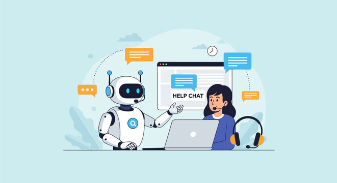 Vector illustration of a futuristic chatbot robot providing customer support and technical assistance on a digital platform for automated communication and service efficiency.