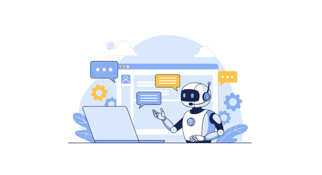 Modern vector illustration of a friendly AI chatbot robot character providing automated customer support and answering questions on a digital help desk interface screen.
