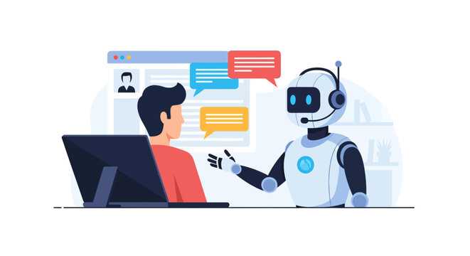 Vector illustration of a friendly chatbot robot providing online customer service and technical support on a website interface, representing artificial intelligence assistance.